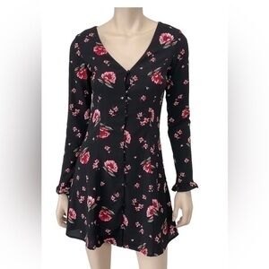 H & M Divided Black Pink Floral Long Sleeve‎ Dress Size 4